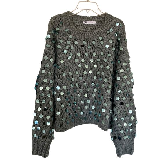 Zara Sweaters - Zara Green Sequined Crewneck Long Sleeve Knit Pullover Sweater Size Large